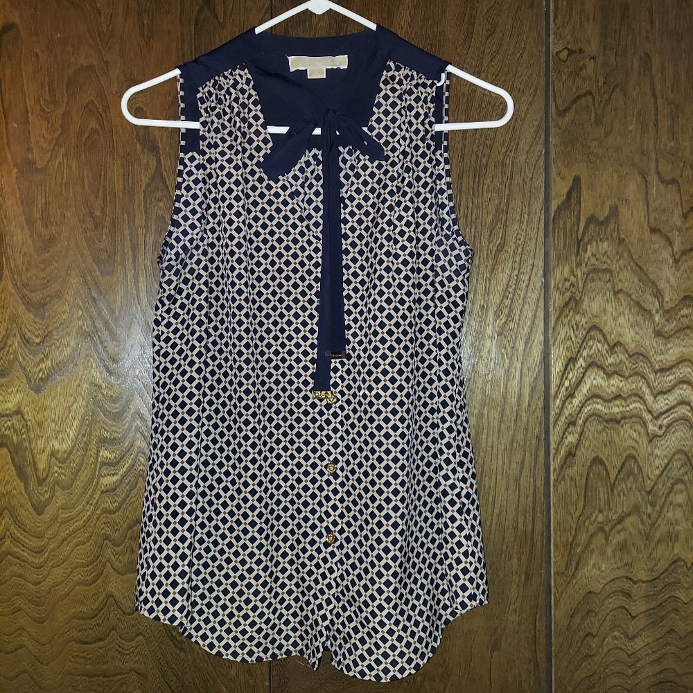 Michael Kors blue and tan blouse with neck tie